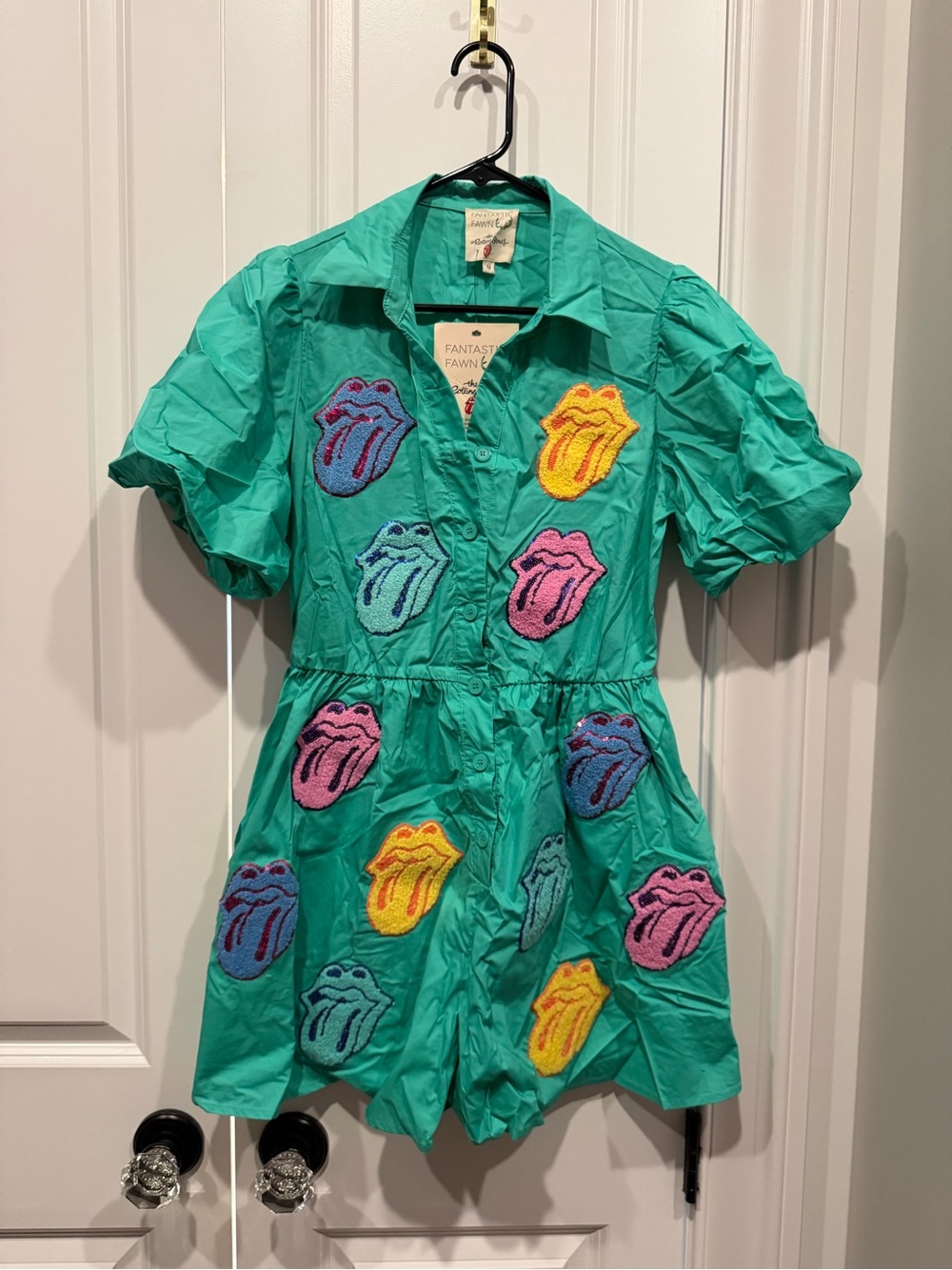 Fantastic Fawn Teal Romper with Multicolor Tongue Patches - Rolling Stones